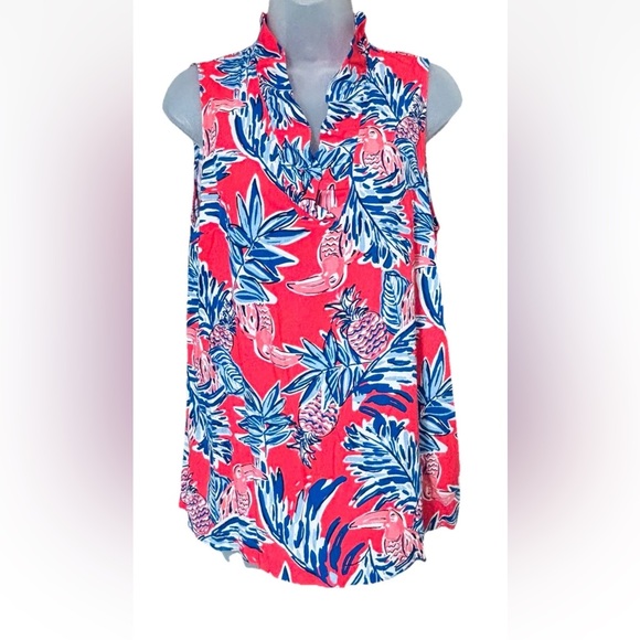 crown & ivy Tops - CROWN & IVY Women's Size M 100% Rayon Tank Top Ruffle V Neck Tropical Multicolor